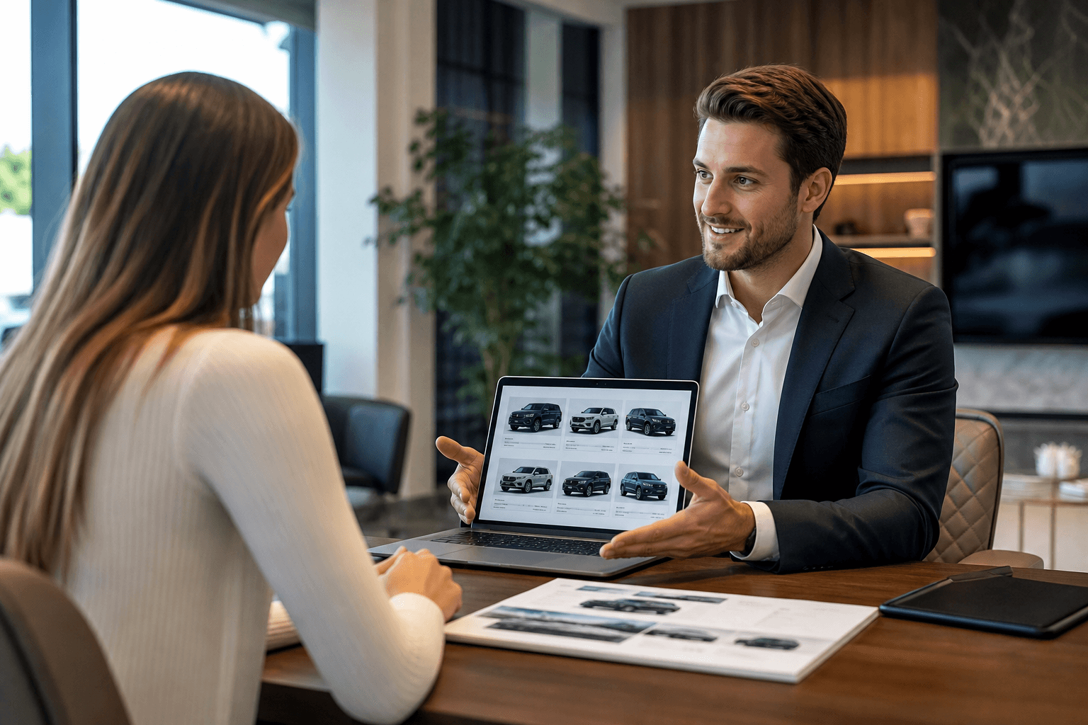Leasing advisor presenting vehicle options to a client