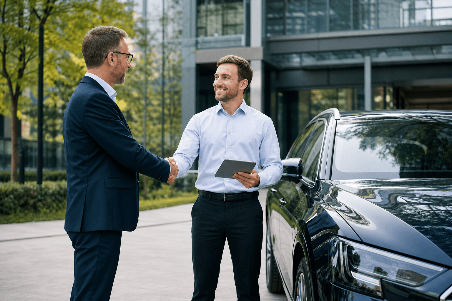 Account manager supporting a business client near a vehicle
